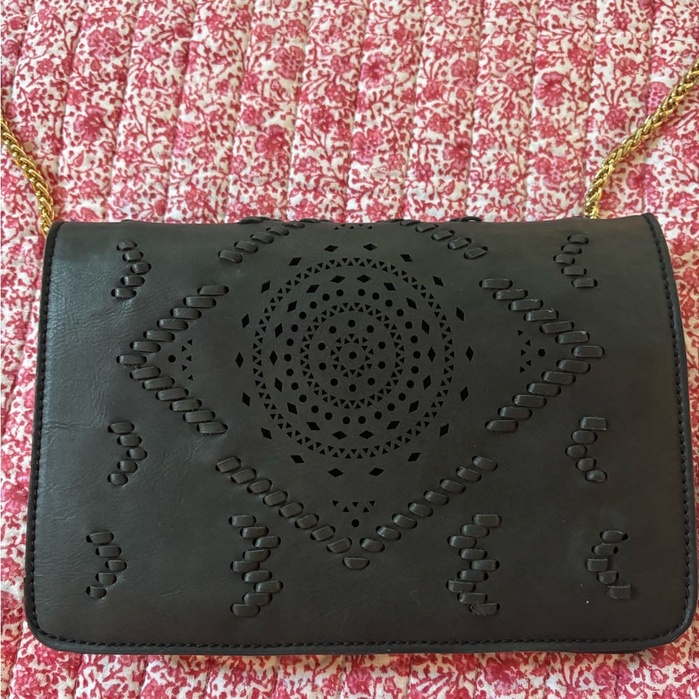 ANTHROPOLOGIE Black Leather Clutch with detachable gold chain